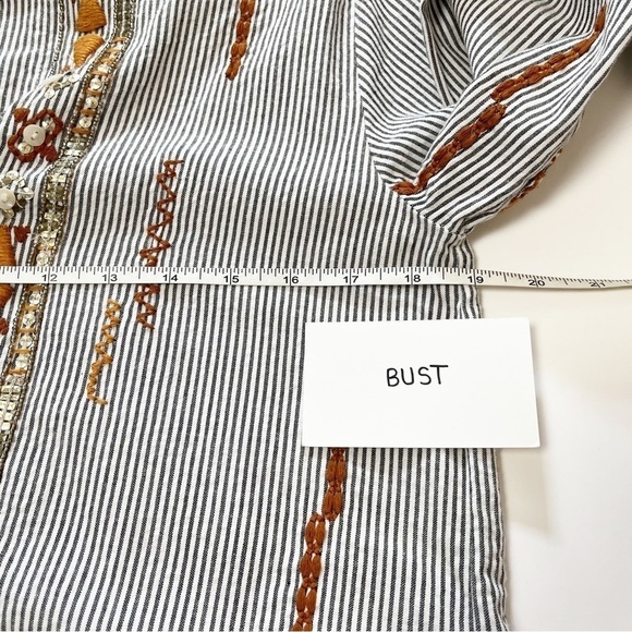 Zara Woman button front shirt blouse top striped boho embroidered beaded neutral - Picture 7 of 12